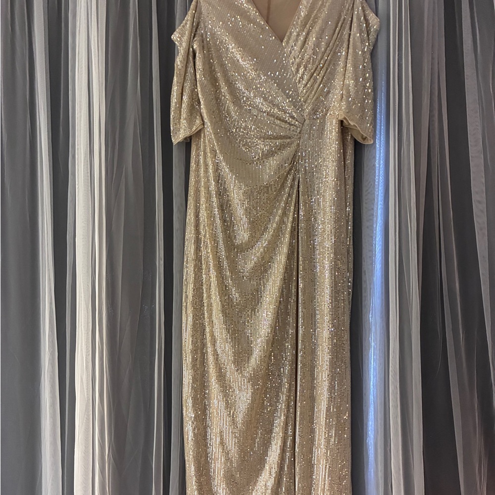 Sydney's Closet Champagne Gold Sequin split front Maxi Dress Formal